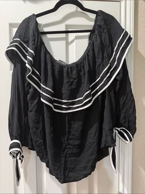 Forever 21+ Black Off-Shoulder Ruffle Top White Trim3X